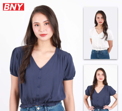 BNY Ladies Rayon V-Neck Short-Sleeve Top with Smocked Waist 367