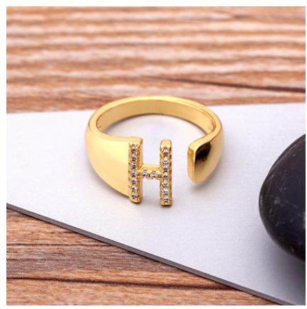Fashion Chunky Wide Hollow A-Z Letter Gold Color Opening Ring Initials Name Alphabet Female Jewelry H