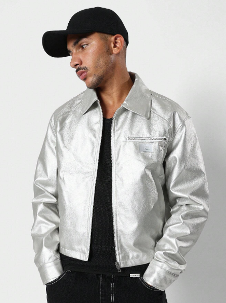 SUMWON Cropped Metallic Worker Jacket With Patches