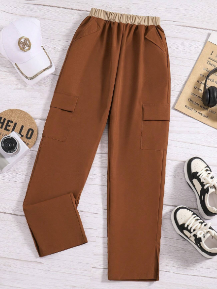 Teen Girls' Street Style Creative Pocket Side Slit Hem Casual Pants Suitable For Daily Wear And Summer Streetwear