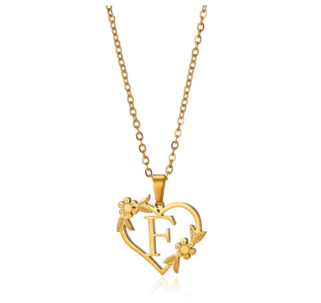 New Personalized Creative Gold Plated Stainless Steel Love Flower Hollow Heart A-Z Letter Necklace Initial Name Pendant Women's F