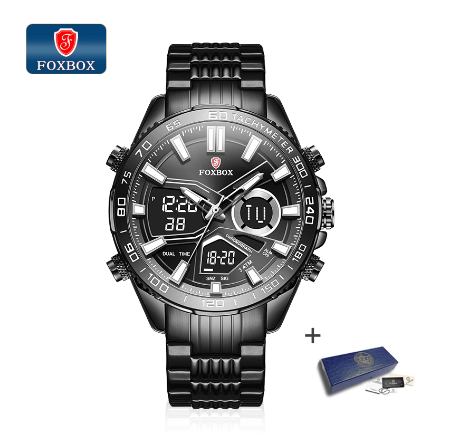 FOXBOX Fashion Sport Digital Watches For Men Waterproof Luminous Stainless Black Blue Gold Dual Display Watch BLACK