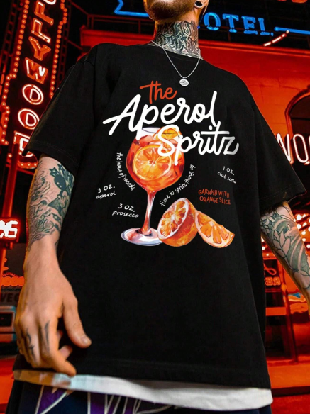 Men's Summer Casual Fun Printed T-Shirt, Cocktail Shirt, Loose Party Short Sleeve Tee, Orange Shirt