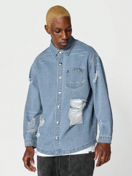 SUMWON Oversized Fit Distressed Denim Shirt