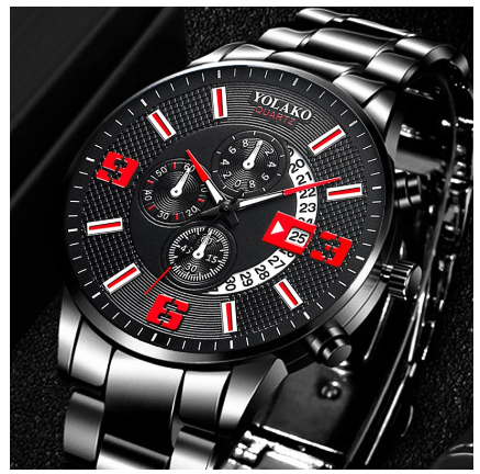 YOLAKO Stainless Steel Men's Quartz Sport Waterproof Watch Men Relo Watch STEEL BLACK RED