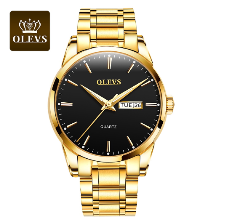 Olevs Watch For Men Original Waterproof Stainless Steel Men's Business Quartz Fashion Trend Luminous Gold Wrist Watch BLACK DIAL GOLD CASE STRAP
