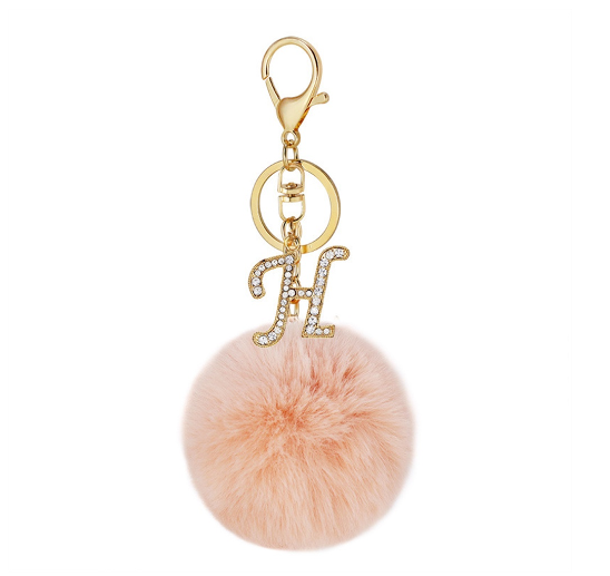 New 26 Letter Rhinestone Alloy Keychain Charm Girls Pink Pompom Key Ring Car Key Holder Women Bag Ornaments Accessories H