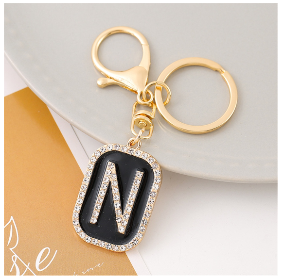 Exquisite Rhinestone 26 Letter Keychain Simple Black Enamel Initials Keyrings For Women Bag Pendant Ornament Car Keyholder Gifts N