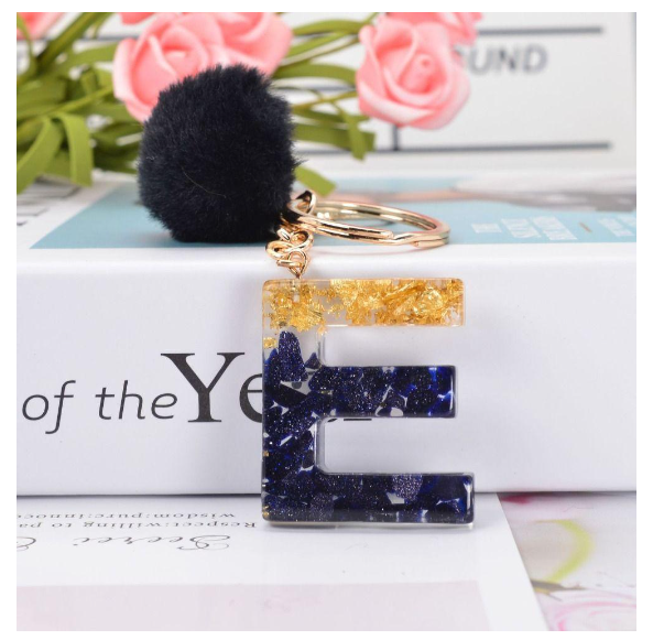 Lanfy Black Pompom Letter Keychain 26 Letter Initials Alphabet A To Z 26 Alphabet Keyring Cute A To Z 26 Black Pompom Resin Birthday Gifts E