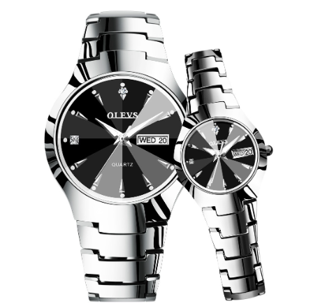 Olevs Couple Watch Waterproof Original Stainless Steel For Men And Women Quartz Watch BLACK DIAL SILVER CASE STRAP