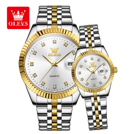 Olevs Couple Watch Waterproof Quartz Original Stainless Steel Unfading Luminous Calendar Fashion Watch WHITE DIAL TWO TONE