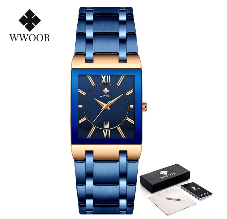 Wwoor Gold Bracelet Watches Men Gevena Square Clock Male Stainless Steel Waterproof Auto Date Quartz Watch BLUE DIAL BLUE STRAP