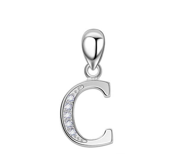 Tom Silver Pendant Initial Letter with Stone A to Z Fashion Accesories 92.5 Sterling Silver SP676 C
