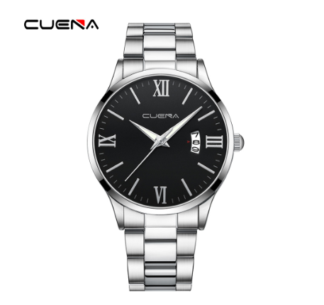 CUENA Original Brand New Men's Watch Simple Luxury Automatic Calendar Fashion Business Sports Stainless Steel Wristband Waterproof Watch SILVER BLACK