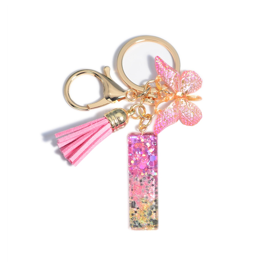 Glitter Sequin Filled 26 Letter Keychain With Tassel Exquisite Butterfly A-Z Alphabet Keyrings Women Bag Pendant Ornaments Gifts I