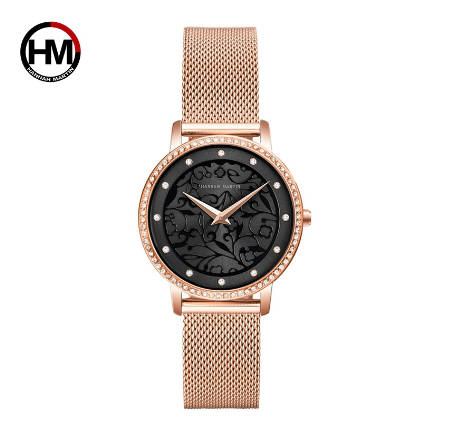 Hannah Martin Ladies Luxury Watch Japan Imported Movement Top Layer Cowhide & Milan Stainless Steel Strap 3ATM Waterproof Watch ROSEGOLD BLACK