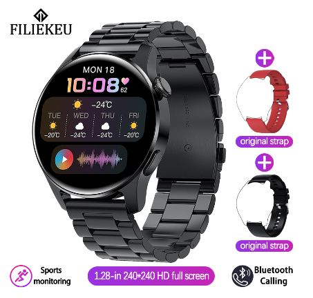 FILIEKEU original smart watch HD full touch screen bluetooth call waterproof sports fitness smart watch for men STEEL BLACK A