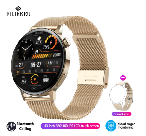 FILIEKEU smart watch for me 24-hour heart rate blood sugar watches bluetooth call waterproof sports fitness smartwatch for woman GOLD MESH