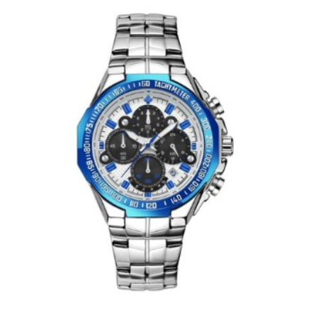 Wwoor Watch For Men Luxury Chronograph Waterproof Quartz Wristwatch Stainless Steel Watch WHITE DIAL BLUE CASE SILVER STRAP