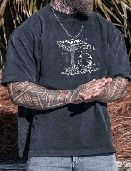 Men's Summer Mushroom Printed Round Neck Short Sleeve Vintage Washed Tee