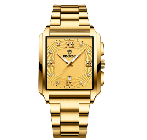 Binbond New Style Rectangular Men's Stainless Steel Band Simple Sports Outdoor Calendar Quartz Watch Waterproof Wrist Watch M2