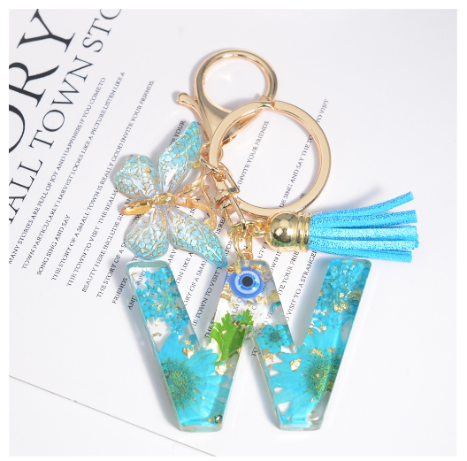 Exquisite Dried Flower Filled 26 Letter Keychain With Butterfly Pendant Fashion A-Z Name Initials Keyrings Car Key Holder Gifts W