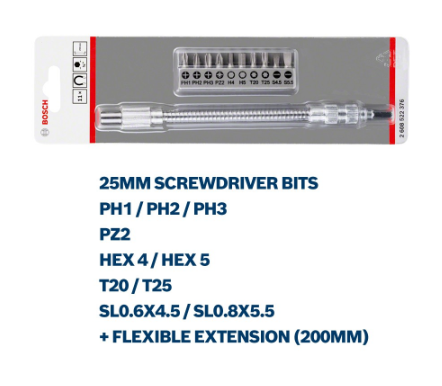 Bosch 11-piece screwdriver bit set with metal flexible extension (200mm), Extra Hard