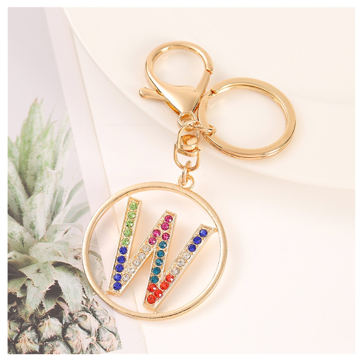 Colorful Rhinestone A-Z Letter Keychain Hollow Round Initials Alloy Keyring Bag Pendant Ornament DIY Accessories Charms Gift W