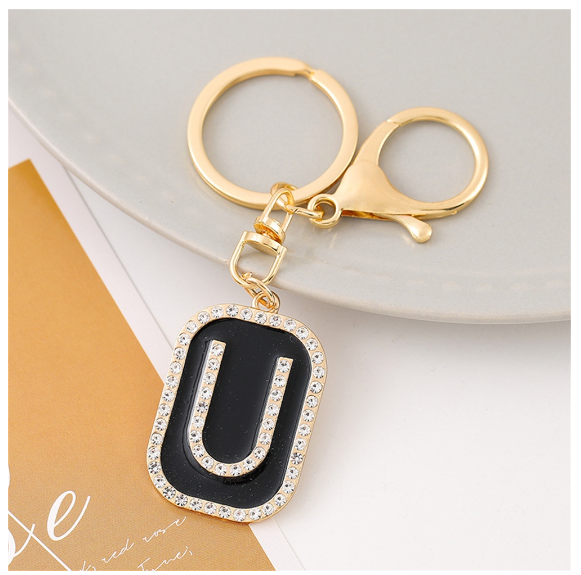 Exquisite Rhinestone 26 Letter Keychain Simple Black Enamel Initials Keyrings For Women Bag Pendant Ornament Car Keyholder Gifts U