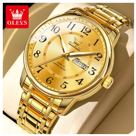 Olevs Watch For Men Waterproof Original Quartz Luminous Calendar Stainless Steel Watch GOLD DIAL GOLD STRAP