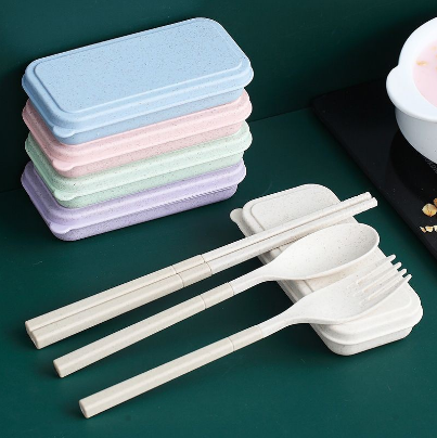 SJW 3pcs Set Reusable Folding Wheat Straw Chopstick Spoon Fork Cutlery Set with Box Collapsible Set