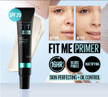 Maybelline Fit Me Matte+Poreless Primer - 16HR wear, Long lasting, Oil Control, Mattifying, SPF 20