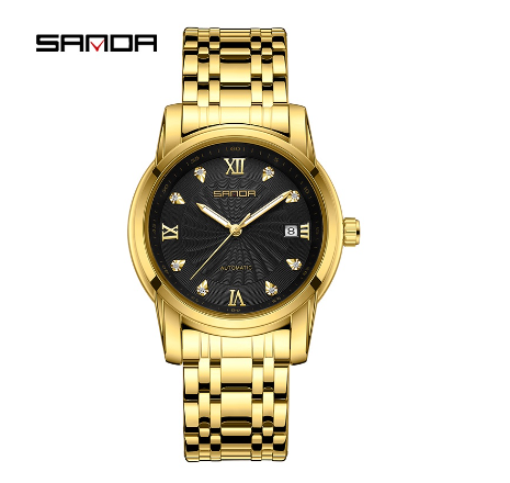 Sanda Simple Advanced Threaded Fashion Steel Band Luxury Casual Waterproof Watch GOLD BLACK