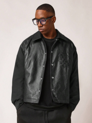 SUMWON Boxy Jacket In PU And Nylon Sleeve With PU Patch Detail