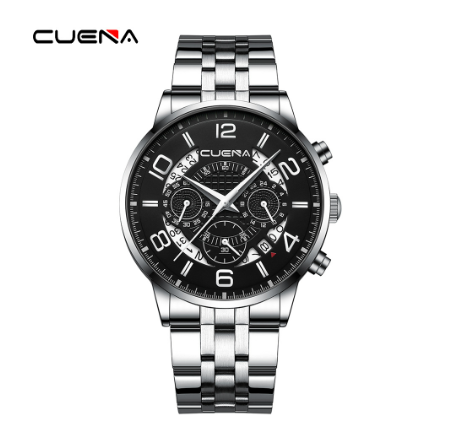 CUENA Original Brand New Men's Watch Luxury Automatic Calendar Fashion Business Sports Stainless Steel Wristband Waterproof Watch SILVER BLACK