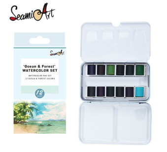 SeamiArt 12 Pcs. Set Ocean And Forest Colors Solid Watercolor With 1 Pc. Portable Metal Box Art Supplies Stationery