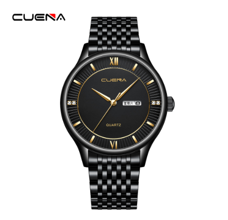 Original CUENA Men's Watches Fashion Brand Simple Retro Dial Stainless Steel Quartz Analog Waterproof  Watch BLACK GOLD