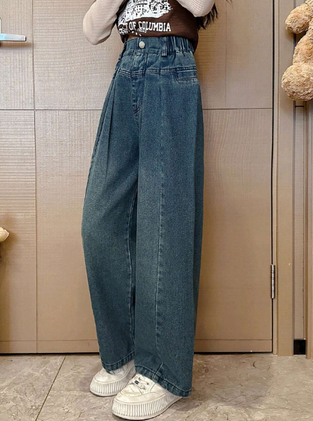 Tween Girl Double-Folded Waist Baggy Wide Leg Denim Pants With Central Split And One Strap, Spring/Autumn 2023 New Arrival
