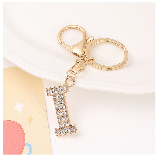 Simple Rhinestone 26 Letter Keychain Gold Color A-Z Initials Metal Keyrings For Women Car Keyholder Accessories Birthday Gifts I