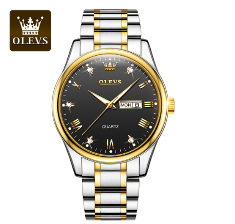 Olevs Watch For Men Original Waterproof Stainless Steel Business Quartz Calendar Luminous Watch BLACK DIAL TWO TONE STRAP