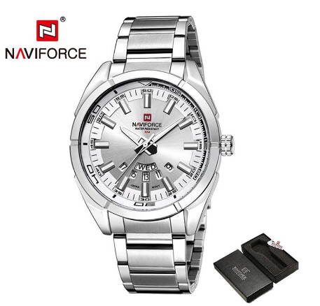 Naviforce NF9038 Men Brand Business Quartz Stainless Steel Band 30M Waterproof Date Wristwatches SILVER