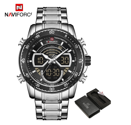Naviforce Nf9189 Men Luxury Brand Sport Chronograph Stainless Steel Digital Analog Watches SILVER