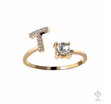 26 Letter Rings Cubic 14K Gold Promise Ring Diamond Ring Wedding 925 Silver Ring Adjustable Size T