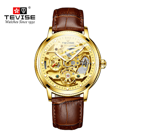 TEVISE Automatic watch for men Gold Luxury Skeleton Mechanical Watches waterproof Luminous Tourbillon Leather strap Men Watch 2