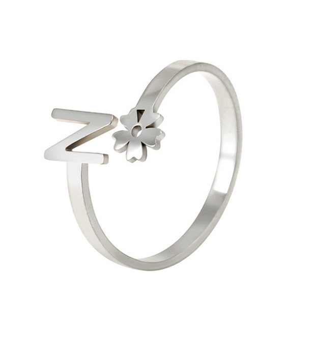 Stainless Steel A-Z Letter Ring For Women Girl Flower 26 Initial Name Adjustable Ring Trendy Birthday Jewelry Gift N