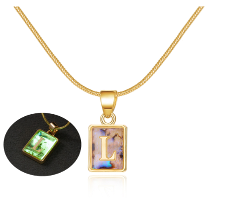 18K Gold 26 Letter Square Colorful Nightlight Pendant Snake Bone Chain Necklace English Letter Pendant Necklace L