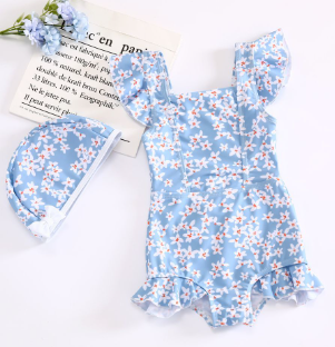 Girls Swimsuit 2023 Korean Version Children's One-Piece Cute Floral Bow Tie Middle Small Children Baby