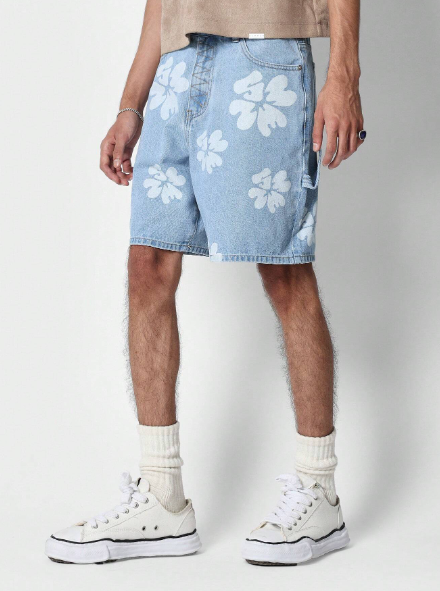 SUMWON Denim Short With All Over Self Print