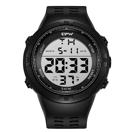 TPW Digital Watch For Male Oversized 53mm Dial 5ATM Waterproof Watches Swimming Calendar Wristwatch BLACK