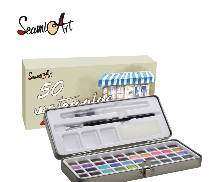 SeamiArt 50 Colors Solid Watercolor Set With Tin Box And Water Brush Pen